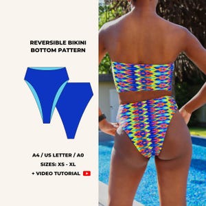 May include: A reversible bikini bottom pattern with a blue and light blue design. The image also shows a woman wearing a matching bikini top and bottom with a colorful geometric pattern. The pattern is available in sizes XS to XL.