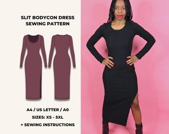 Bodycon Dress Sewing Pattern: Knit, Long Sleeve, Side Slit (PDF)