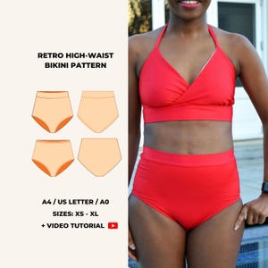 Pode incluir: Uma mulher usando um biquíni retrô de cintura alta vermelho. A imagem inclui um padrão para o biquíni com o texto "RETRO HIGH-WAIST BIKINI PATTERN", tamanhos XS-XL e um link para um tutorial em vídeo.