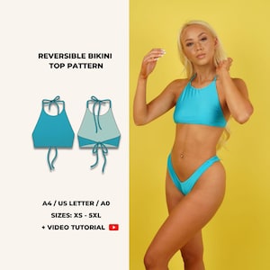 May include: A turquoise bikini set, featuring a halter top and high-cut bottoms, is displayed on a model against a yellow backdrop. The image also shows a diagram of a reversible bikini top pattern. Text on the image reads "REVERSIBLE BIKINI TOP PATTERN" and "SIZES: XS - 5XL".