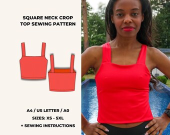 Square Neck Top Sewing Pattern PDF: Crop Length, Stretch Fabric, Beginner Friendly (XS–5XL)