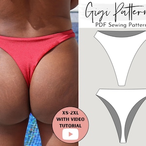 May include: A red thong swimsuit bottom. The image also includes a pattern for the swimsuit bottom, with the text "Gigi Patterns PDF Sewing Pattern". A small circle with the text "XS-2XL WITH VIDEO TUTORIAL" is also visible.