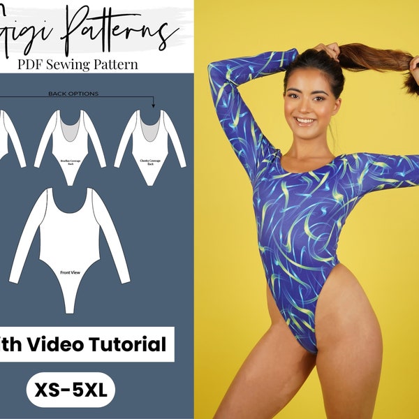 Bikini pattern sewing | long sleeves high cut one piece swimsuit | one piece swimsuit sewing pattern | swimsuit sewing pattern pdf | xs-5xl