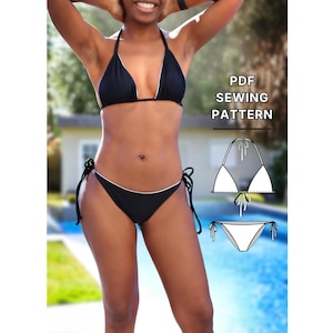 May include: Black bikini with white edging and tie sides. The top is a triangle style. The image also includes a diagram of the PDF sewing pattern with the text "PDF SEWING PATTERN".