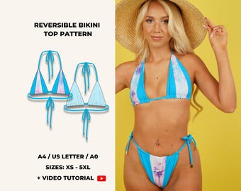 May include: A turquoise and white reversible bikini set with tie closures. The image includes a diagram of the bikini top pattern and the text "REVERSIBLE BIKINI TOP PATTERN", "A4 / US LETTER / AO", "SIZES: XS - 5XL", and "+ VIDEO TUTORIAL".