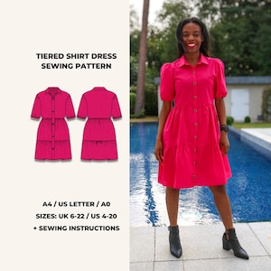 May include: A bright pink tiered shirt dress with short sleeves and button-down front. The image also shows a sewing pattern for the dress, with the text "TIERED SHIRT DRESS SEWING PATTERN". The pattern is available in sizes UK 6-22 / US 4-20.