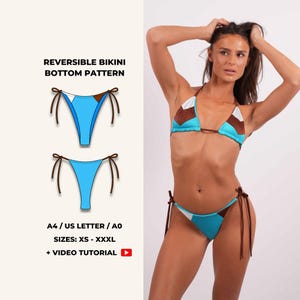 May include: A reversible bikini pattern with a blue, white, and brown color scheme. The text on the image reads "REVERSIBLE BIKINI BOTTOM PATTERN", "A4 / US LETTER / A0", "SIZES: XS - XXXL", and "+ VIDEO TUTORIAL".
