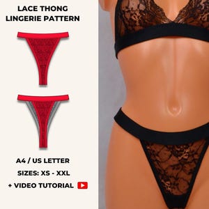 Puede incluir: Un conjunto de tanga y sujetador de encaje negro exhibido en un maniquí. El tanga se combina con un sujetador a juego. La imagen también muestra un patrón para lencería de tanga de encaje, con el texto "LACE THONG LINGERIE PATTERN", "A4/US LETTER", y "SIZES: XS - XXL".