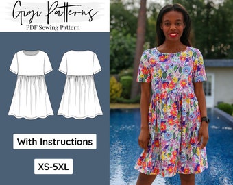 Short sleeve gathered smock dress sewing pattern | womens dress sewing pattern pdf | smock dress sewing | instant download pattern | XS-5XL