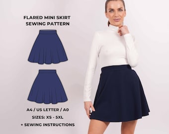 High Waisted Skirt Sewing Pattern PDF: Mini, Flare, Elastic Waistband, Beginner Friendly (XS–5XL)