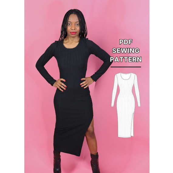 knit bodycon dress pattern Long Sleeve Sewing Pattern: Fitted Midi With Side Slit XS-5XL (PDF) bodycon dress pattern pdf