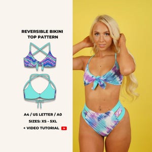 May include: A reversible bikini top pattern featuring a tie-dye design in blue, purple, and turquoise. The image shows a diagram of the bikini top and the text "REVERSIBLE BIKINI TOP PATTERN", "A4 / US LETTER / AO", "SIZES: XS - 5XL", and "+ VIDEO TUTORIAL".