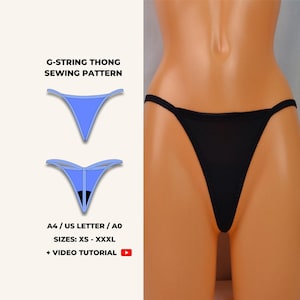 May include: Black G-string thong. The image also includes a sewing pattern diagram in blue, with the text "G-STRING THONG SEWING PATTERN", "A4 / US LETTER / A0", "SIZES: XS - XXXL", and "+ VIDEO TUTORIAL".