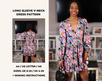 V-neck Midi Dress Sewing Pattern: Long Sleeve Formal Gown (PDF Pattern XS-4XL A4-A0-LETTER) - Etsy V-neck Midi Dress Sewing Pattern: Long Sleeve Formal Gown (PDF Pattern XS-4XL A4-A0-LETTER) - Etsy