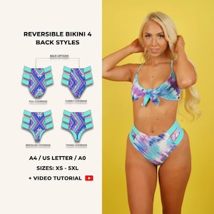 Op de afbeelding: Omkeerbare bikini in een tie-dye patroon met blauwe, paarse en witte tinten. De afbeelding toont vier rugstijlen: volledige bedekking, brutale bedekking, Braziliaanse bedekking en string. Maten variëren van XS tot 5XL.