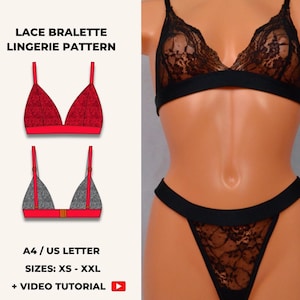 Peut inclure: Ensemble de lingerie composé d'un soutien-gorge et d'un string en dentelle noire. Le soutien-gorge présente une forme triangulaire avec des bretelles réglables. Le string a un panneau en dentelle assorti. Le texte "LACE BRALETTE LINGERIE PATTERN" et "TAILLES: XS - XXL" est visible.