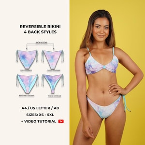 May include: A reversible bikini in a tie-dye pattern with four back styles: full coverage, cheeky coverage, Brazilian coverage, and thong coverage. The bikini is available in sizes XS-5XL. The image also includes the text "REVERSIBLE BIKINI 4 BACK STYLES".