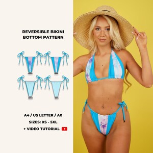 May include: A reversible bikini bottom pattern with tie sides, in sizes XS-5XL. The bikini is blue with white and purple tie-dye accents. The image also shows a woman wearing the bikini, a straw hat, and a yellow background.