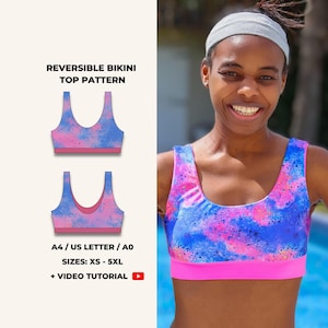 May include: A reversible bikini top pattern with a blue, pink, and purple watercolor design. The pattern includes sizes XS to 5XL and is available in A4/US Letter/A0 formats. The image also includes a video tutorial.