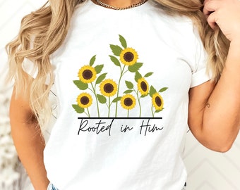 Rooted And Built In Him Shirt for Mom Sunflower Shirt for Christian TShirt Church Apparel Faith Based Shirt Prayer Shirt Faith Shirt