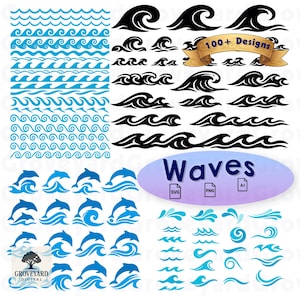 Könnte beinhalten: Eine Sammlung von Wellen- und Delfin-Designs in Blau und Schwarz. Das Bild enthält verschiedene Wellenmuster, Delfinsilhouetten und das Wort "Waves" mit SVG-, PNG- und AI-Dateityp-Symbolen. Über 100 Designs sind verfügbar.