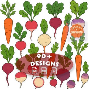 May include: A collection of hand-drawn illustrations of various root vegetables, including carrots, radishes, beets, and turnips. The vegetables are in shades of orange, red, purple, and white, with green leafy tops. The image includes the text "90+ DESIGNS" with SVG, PNG, and AI icons.
