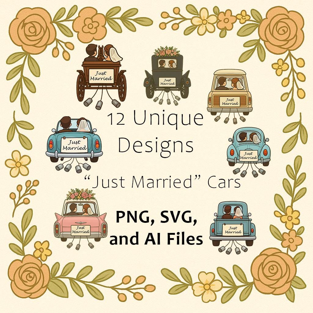 Just Married Car Clipart Bundle Wedding PNG SVG AI Files | Bride Groom ...