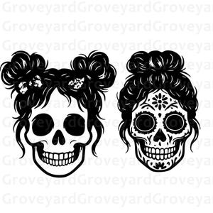 Calavera con moño desordenado SVG, clipart de cabello, diseño de mamá, arte de calavera de azúcar, gráfico de gafas de sol, vida de madre, mamá esqueleto, archivo de corte de recogido
