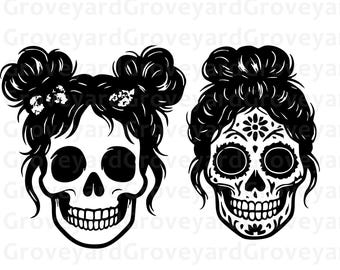 Messy Bun Skull SVG, Hair Clipart, Mom Life Design, Sugar Skull Art, Sunglasses Graphic, Motherlife, Skeleton Mom, Updo Cut File