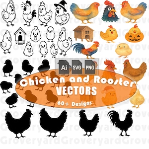 Hühner Bundle SVG Lustige Henne Clipart Hahn Silhouetten Süsses Shirt SVG Coop Design Hähne Aquarelle Bauernhof Tiere Vektor-Pack