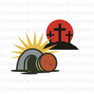 May include: A graphic illustration featuring an open tomb with a rising sunburst and three crosses on a hill, set against a red circle. The tomb is gray with a brown stone, and the crosses are black.