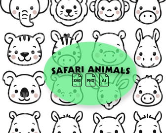 Safari Animal SVG Bundle Jungle Face Outline Clipart | Cute African Zoo Giraffe Lion Monkey Tiger Elephant Koala PNG Cricut Files | Tortoise
