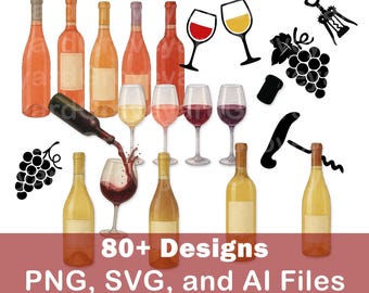 Wine SVG Bundle Cut Files Clipart Set – Rose Bottle Silhouettes, Corkscrew, Grapes, Alcohol Art, Pinot Noir Lovers Design Pack, White, Red