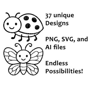 Insetti SVG Bug Clipart Bundle Contorno carino Ape Coccinella Farfalla Libellula Bruco Formica PNG AI Cricut Silhouette Sublimazione