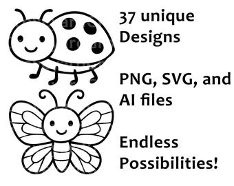 Insects SVG Bugs Clipart Bundle Cute Outline Bee Ladybug Butterfly Dragonfly Caterpillar Ant PNG AI Cricut Silhouette Sublimation