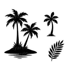 Palmbomen SVG PNG-bundel tropisch eiland clipart kustparadijs strand scène silhouet oceaan zonsondergang zomervakantie Palm Beach Hallo zomer