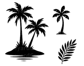 Palm Trees SVG PNG Bundle Tropical Island Clipart Coastal Paradise Beach Scene Silhouette Ocean Sunset Summer Break Palm Beach Hello Summer