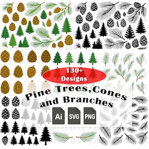 Może przedstawiać: Zbiór ilustracji wektorowych przedstawiających sosny, szyszki i gałęzie w różnych stylach. Projekty obejmują elementy zielone, brązowe i czarne, z tekstem "130+ Designs" i ikonami typów plików dla AI, SVG i PNG.