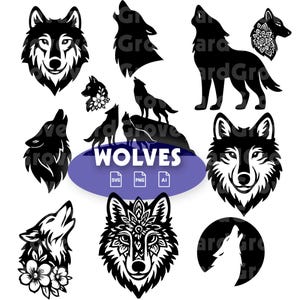May include: A collection of black and white wolf illustrations in various poses. Some wolves are howling, and others feature intricate floral or geometric designs. The word "WOLVES" is displayed on a purple oval, along with file type icons.
