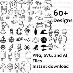 Op de afbeelding: Zwart-witte lijntekeningen van zomer- en strandgerelateerde objecten, waaronder zonnebrillen, palmbomen, golven en ijs. De tekst luidt "60+ Designs, PNG, SVG, and AI Files, Instant download."