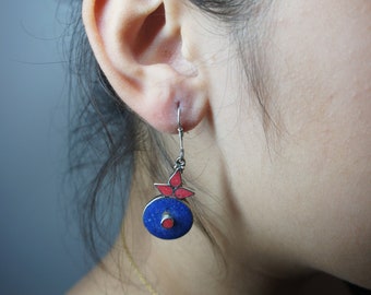 Boucles d'oreilles Tibétaines Turquoise/Lapis Lazuli, crochets, fait à la main au Népal.