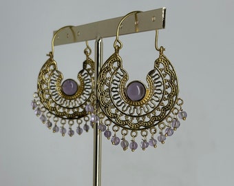 Golden earrings, ethnic brass, with precious stone, boho, handmade