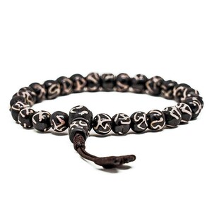 Yak bone bracelet with engraved OM mantra, handmade, 8 mm elastic bracelet.