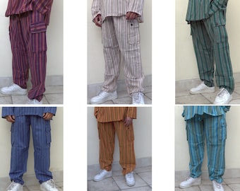 Pantalon cargo tissé en coton doux/ Pantalon népalais/ Pantalon rayé/ pantalon unisexe/ pantalon bohème hippie/ délavé