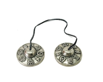 Tingsha / Tibetan Cymbal, with 8 auspicious signs, handmade, for meditation and healing, made in Nepal