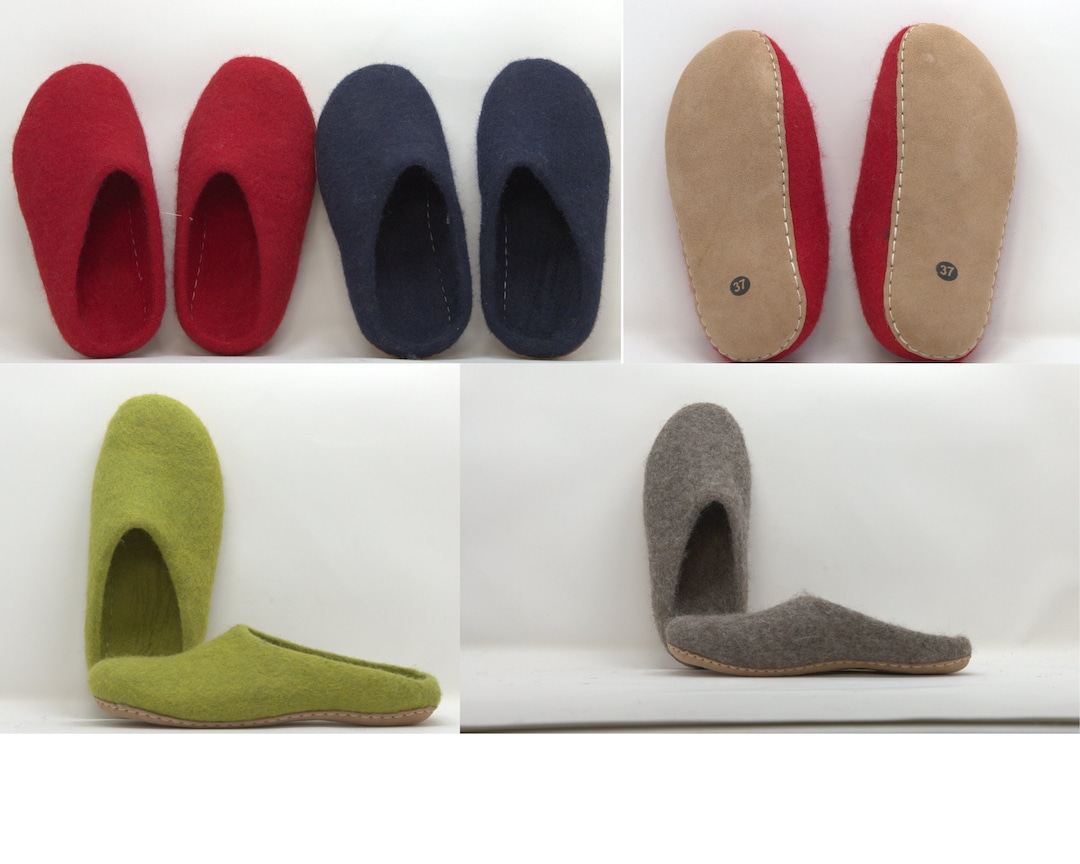 Pantoufles Enfant En Feutre De Laine Et Cuir – Fait Main En Mongolie – Taille UK 7.5 – Bleu
