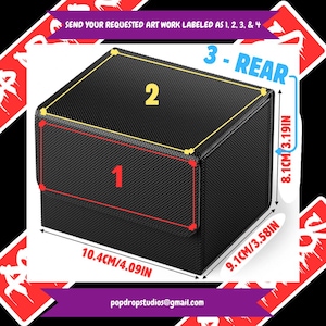 Puede incluir: Una caja negra texturizada con dimensiones etiquetadas en pulgadas y centímetros. La caja mide 10,4 cm de ancho, 9,1 cm de profundidad y 8,1 cm de alto. La imagen incluye el texto "SEND YOUR REQUESTED ART WORK LABELED AS 1, 2, 3, & 4" y una dirección de correo electrónico.