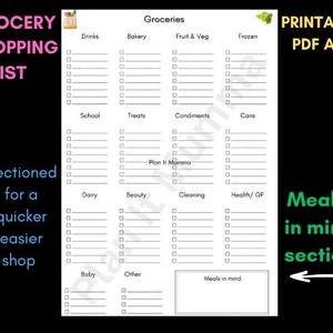 Versión en FUENTE SENCILLA Lista de compras de comestibles Secciones imprimibles PDF Descarga digital Alimentos Lista de supermercado Salud Lácteos Comidas para bebés Ayuda para personas mayores