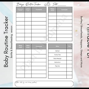 以下が含まれることがあります： 哺乳瓶、授乳、睡眠、起床、その他の活動のためのセクションを含む、PDFで印刷可能なベビーのルーチン・トラッカー。トラッカーはグレーとホワイトのカラーテーマです。