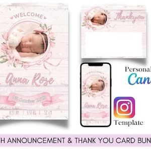 Pacote de cartões de agradecimento editáveis para meninas, anúncio de nascimento de bebê, personalize, flores digitais rosa, modelo Shabby Chic para Instagram instantâneo